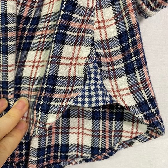 Navy Blue & Pink Plaid Button Shirt Roll Tab Sleeve - Picture 6 of 10